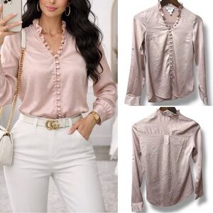 Express | EUC Indonesia Blush Pink Ruffled V-Neck Satin Button Front Blouse (XS)